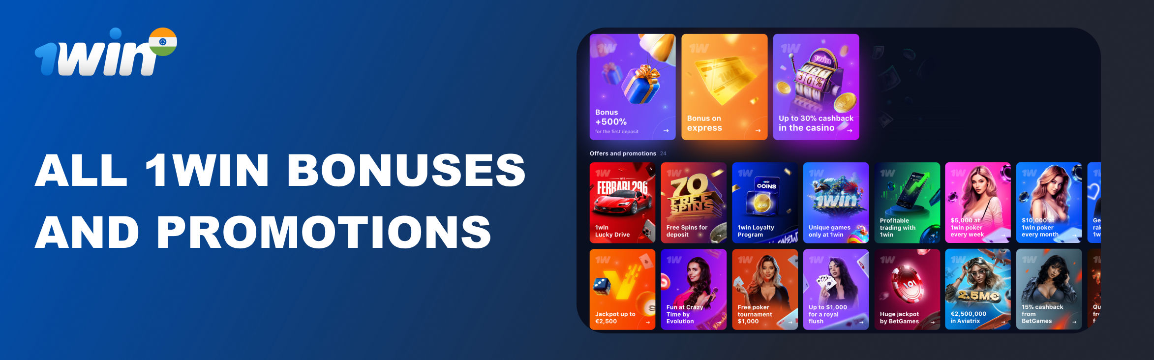 Promotional banner showing casino bonuses and promotions offered by 1win.